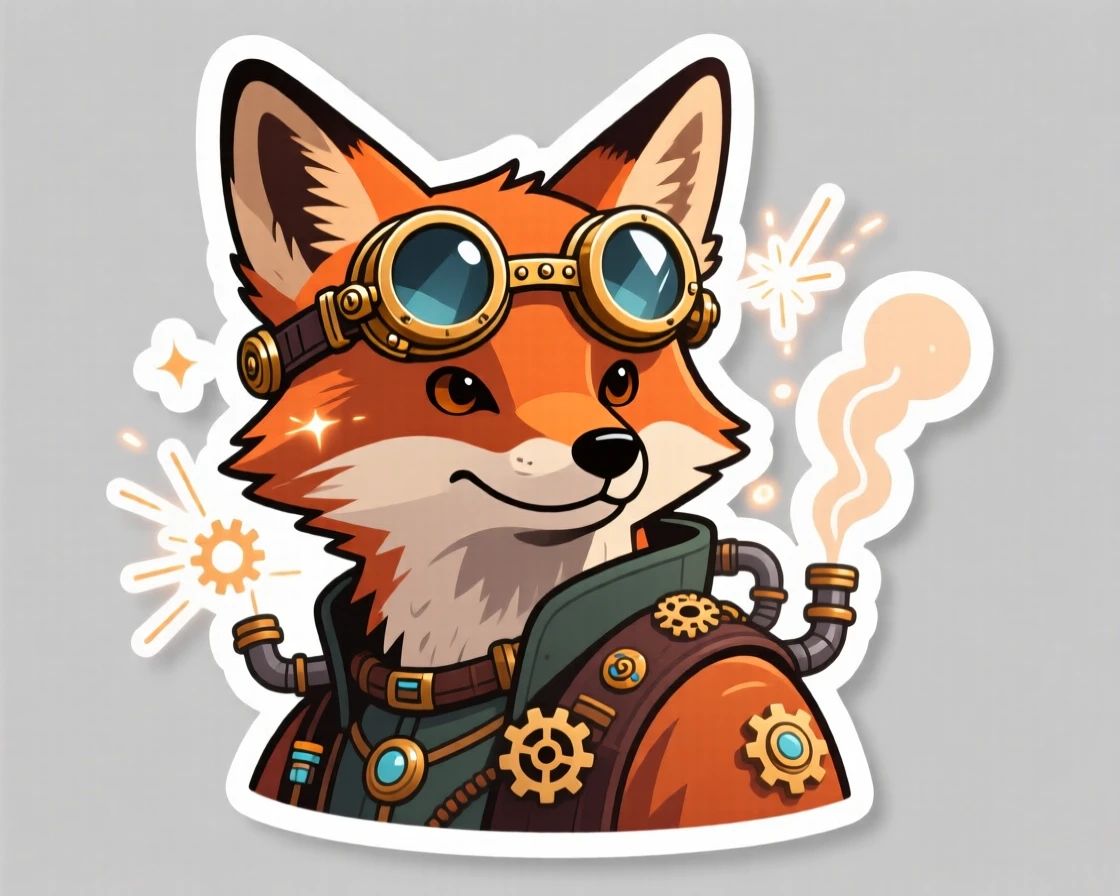 A charmingly futuristic steampunk-style inventor fox with brass goggles, surrounded by glowing special effects, in a world full of wonder and imagination.
