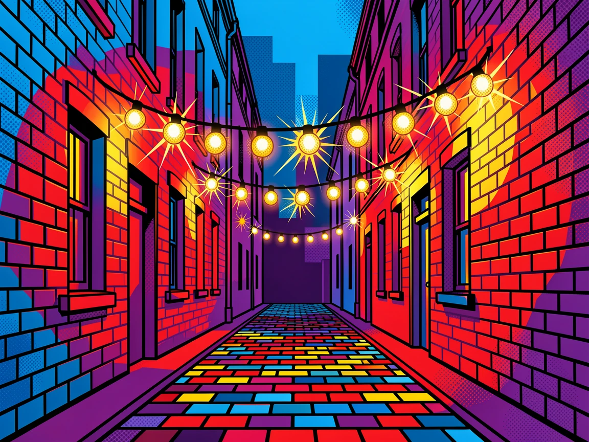A quiet alleyway strung with lit string lights