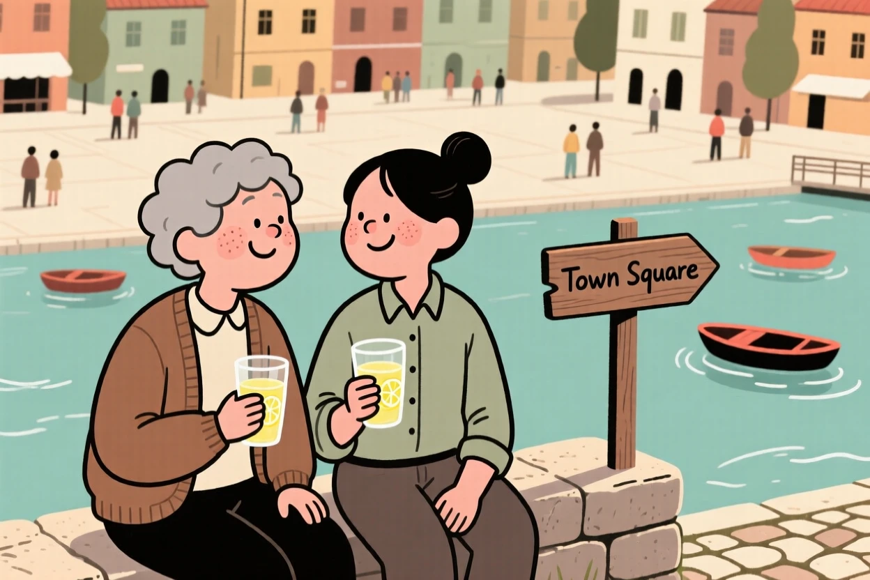 Two old friends sit on a low stone wall overlooking the town square below, sharing glasses of lemonade and easy laughter as boats drift lazily across the water.
