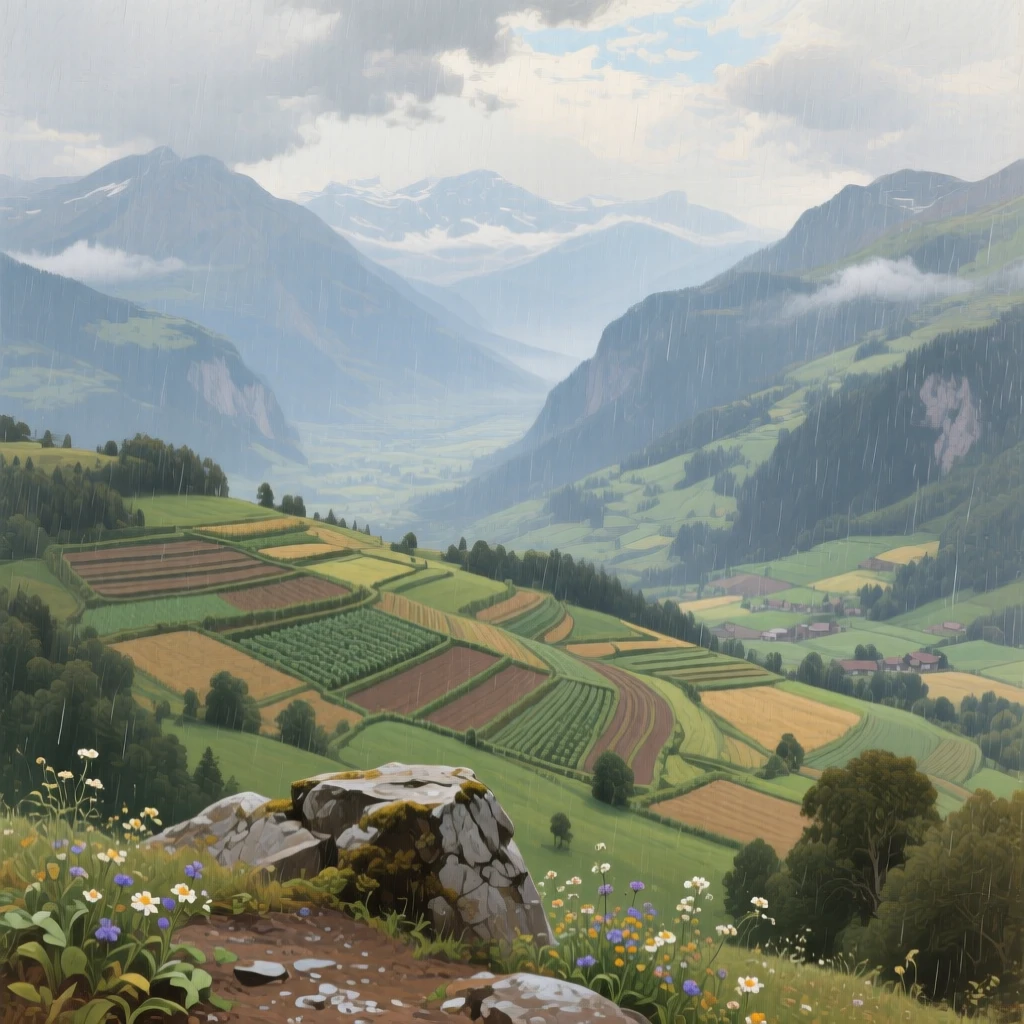 A sweeping wide shot of a scenic viewpoint overlooking a valley dotted with terraced farms, in the Swiss Alps, during a light rain.