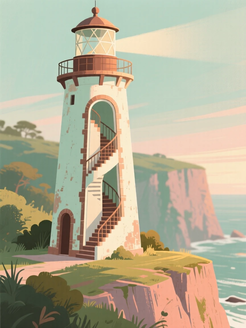 A cliffside lighthouse with a spiral staircase visible through its windows