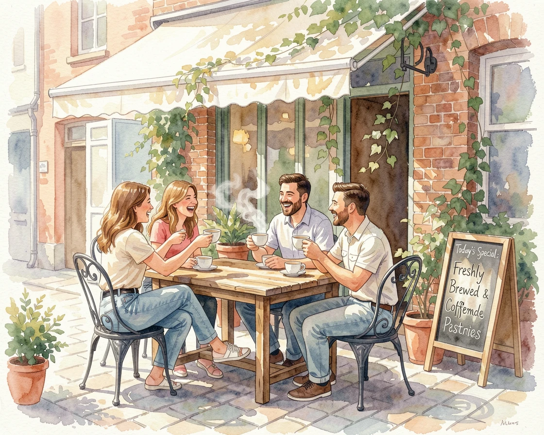 Friends laughing together over coffee at a sidewalk cafe surrounded by a comforting, familiar setting.