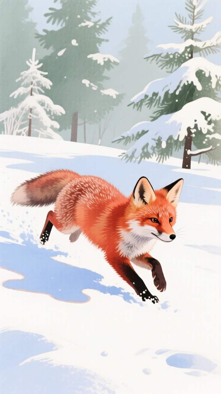 A fox cub pounces on a snowdrift, red fur bright against white snow, pine trees dusted with frost in the background