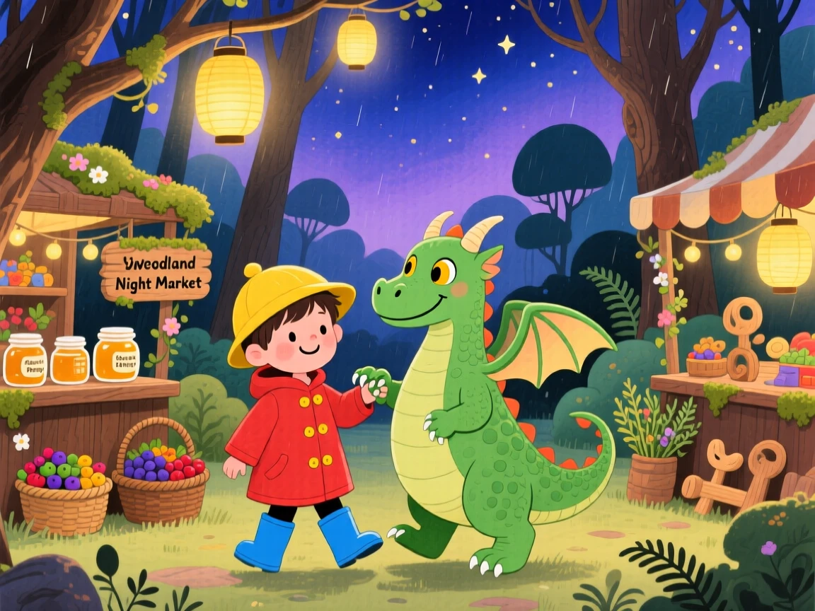 A small boy in rain boots and a friendly green dragon exploring a lantern-lit night market for woodland folk together.