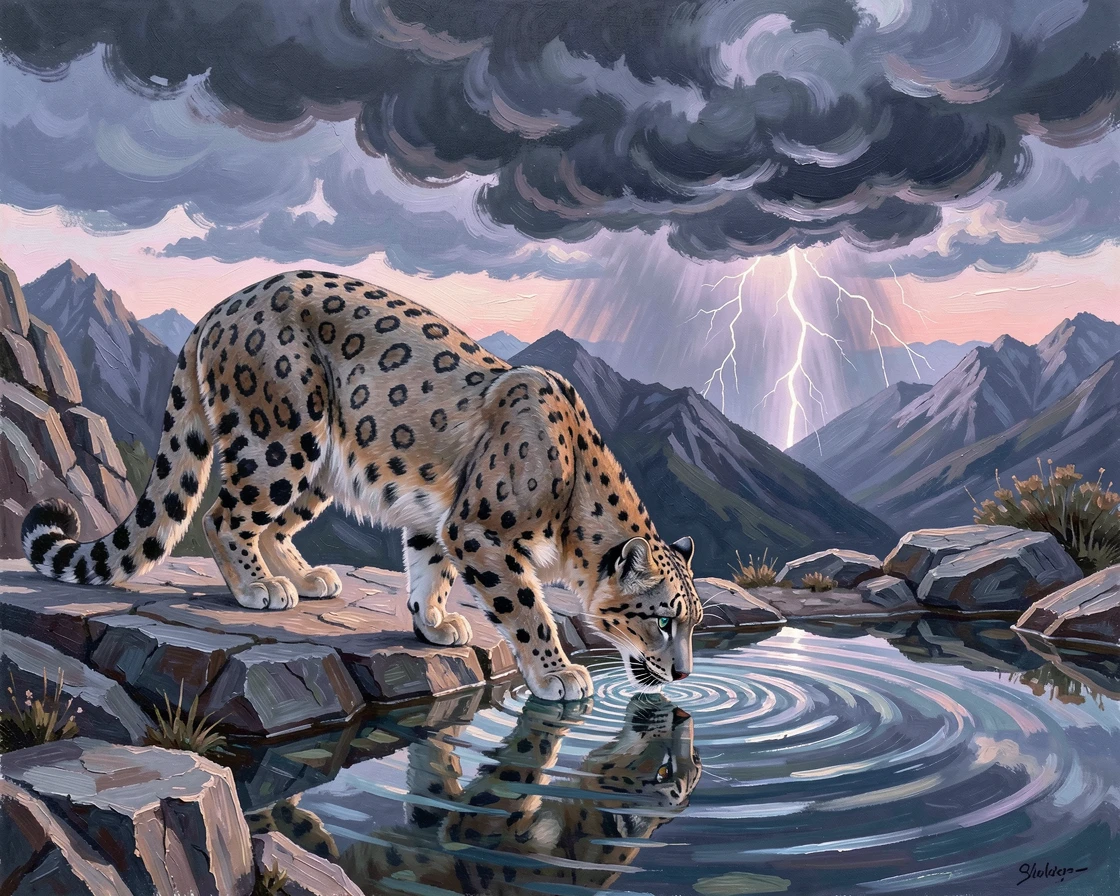 A snow leopard perched on a rocky mountain ledge, beside a watering hole at dawn, it drinking from the cool water's edge, during a dramatic thunderstorm rolling in from the horizon.