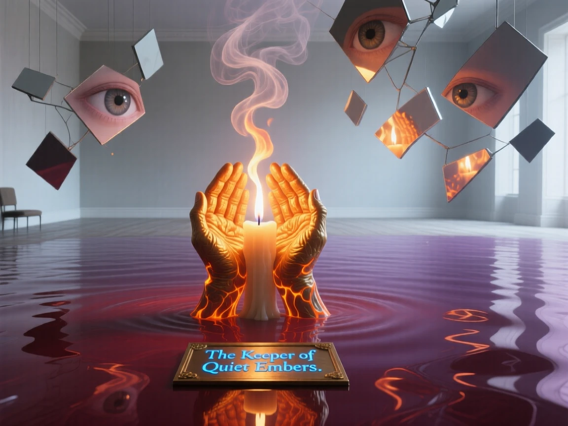 A single candle flame shaped like two hands cupped together stands quietly at the center of an empty, soft-lit room, as everything else fades quietly into muted color.