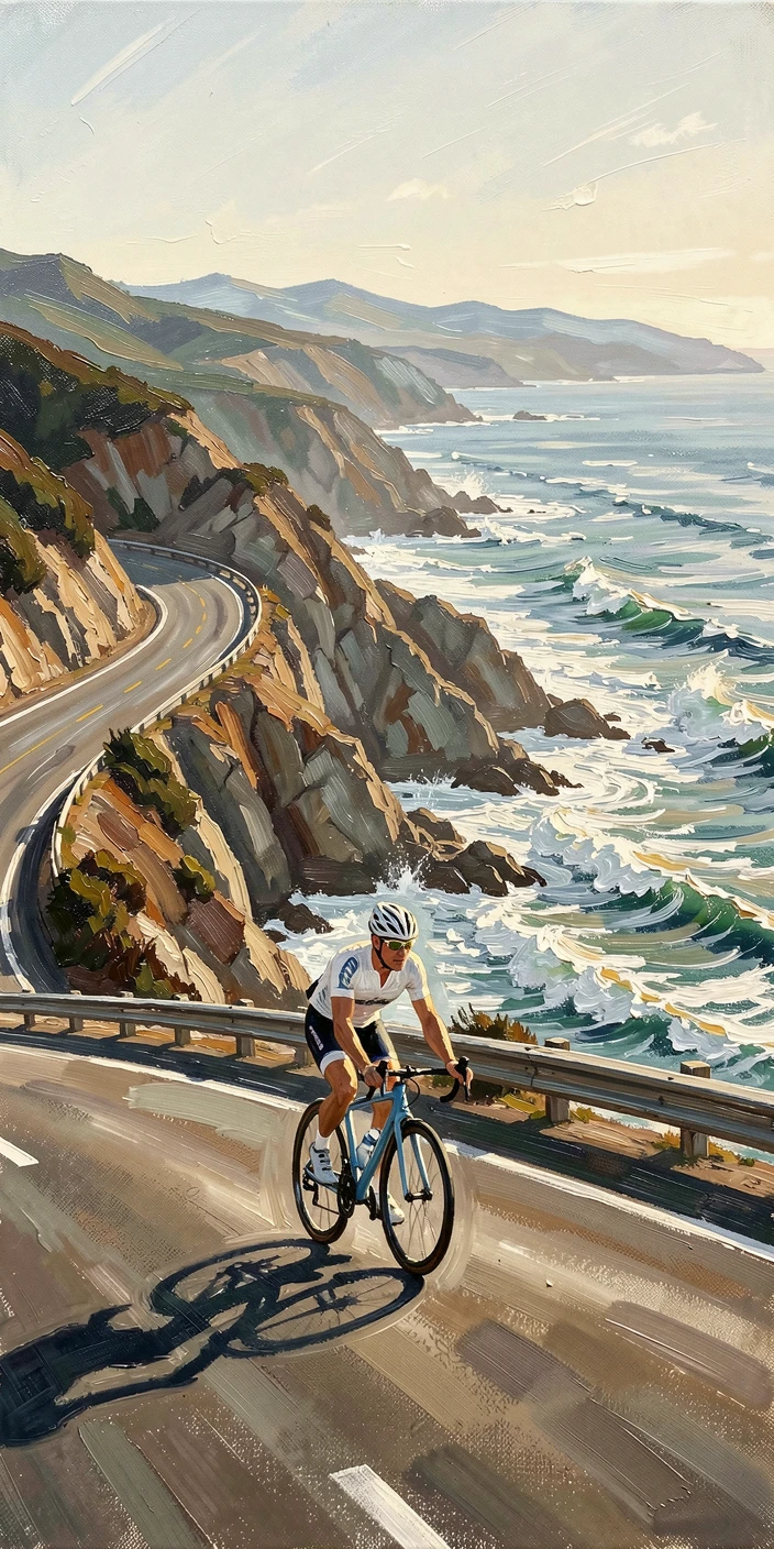 A cyclist pedals along a scenic coastal road in Big Sur, dramatic cliffs and crashing waves visible along the winding highway, distant terrain stretching toward the horizon, suggesting the journey is far from over.