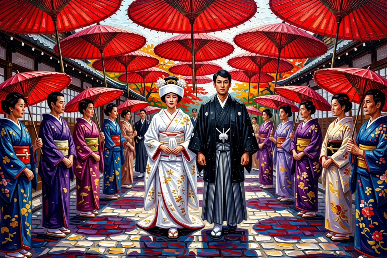 A traditional Japanese wedding procession beneath a canopy of red umbrellas