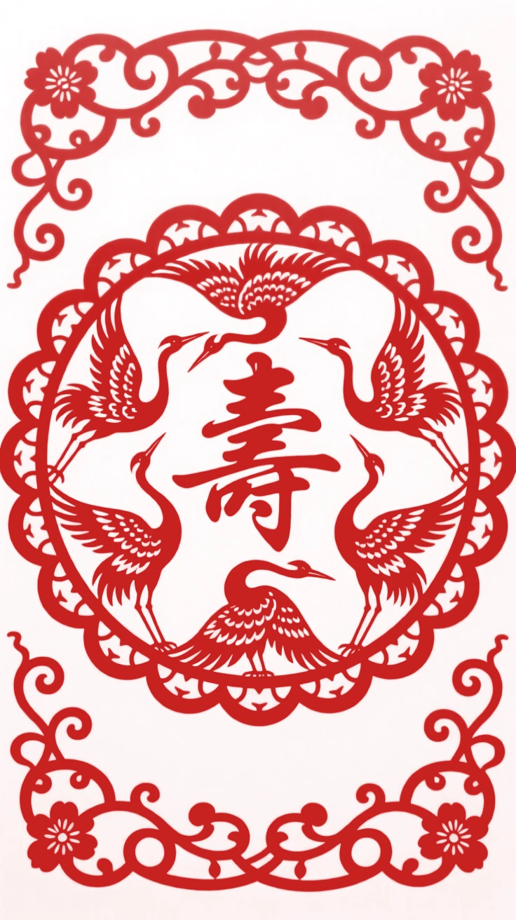 A design of a scalloped border design featuring a ring of five cranes around a longevity character, framed by delicate scrollwork on every edge.