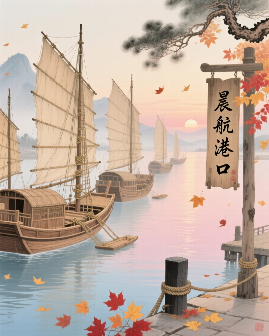 A fleet of merchant ships departing a harbor at first light, surrounded by falling autumn leaves