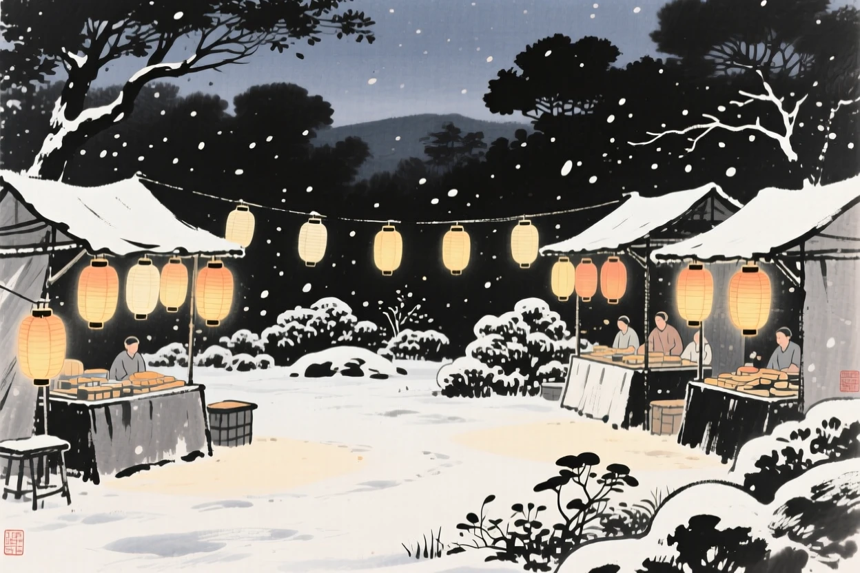 A midsummer evening market lit by paper lanterns within a snow-dusted garden, composed with warm lantern light glowing against a cool evening, evoking festive warmth and communal joy.
