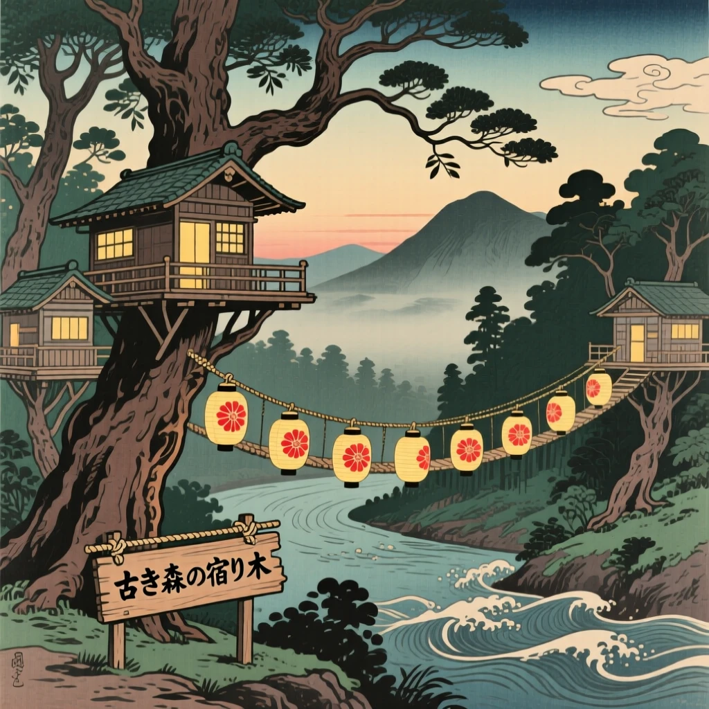 Treehouses connected by lantern-lit rope bridges, standing at the edge of an ancient forest.