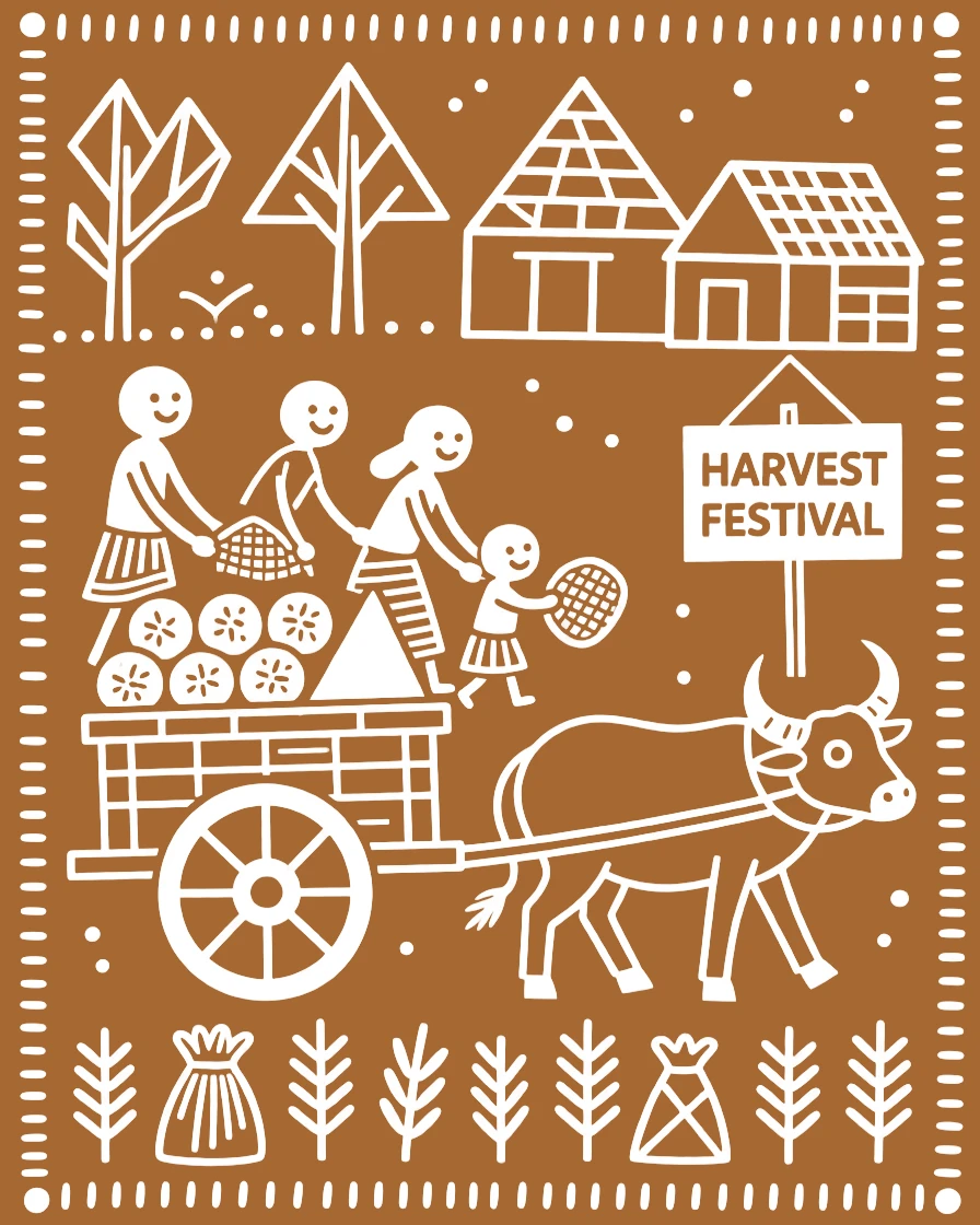 A family celebrating a successful harvest loading a cart with the season's harvest.