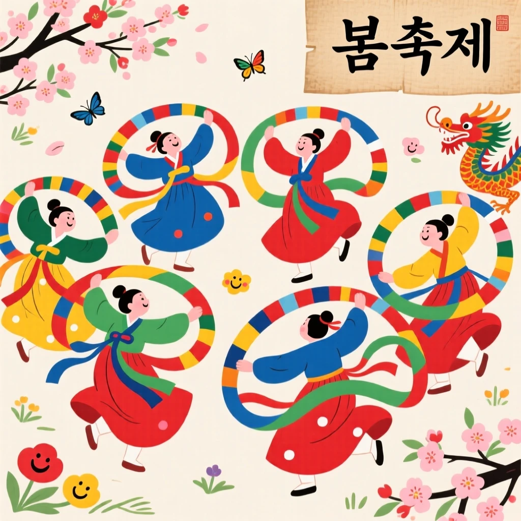 Dancers spinning in bright ribbons during a spring festival celebration.