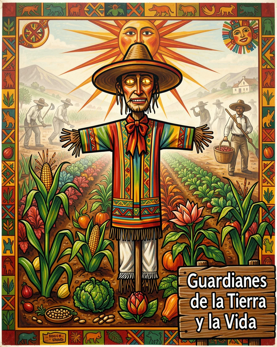 A vegetable garden with a scarecrow watching over the rows