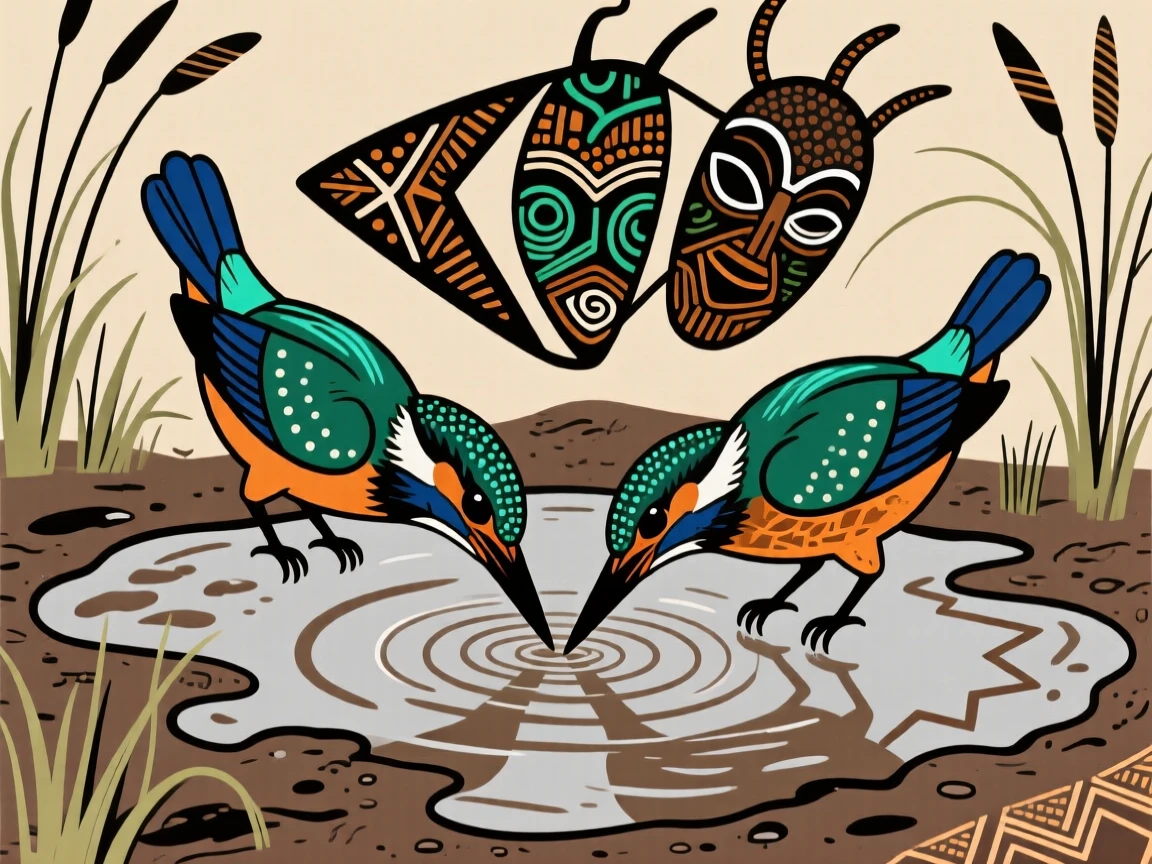 A malachite kingfisher gathering at a muddy waterhole.