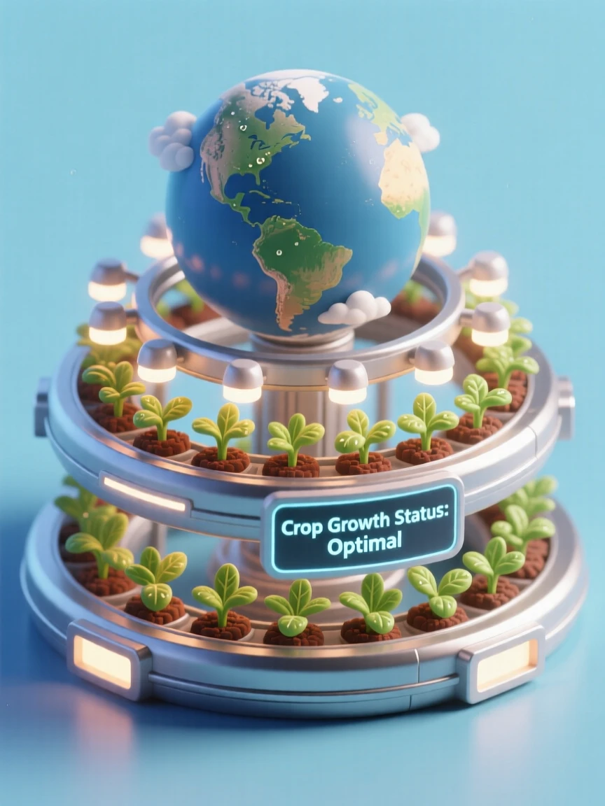 A space farm orbiting Earth, rows of crops growing in rotating rings under carefully calibrated grow lights.