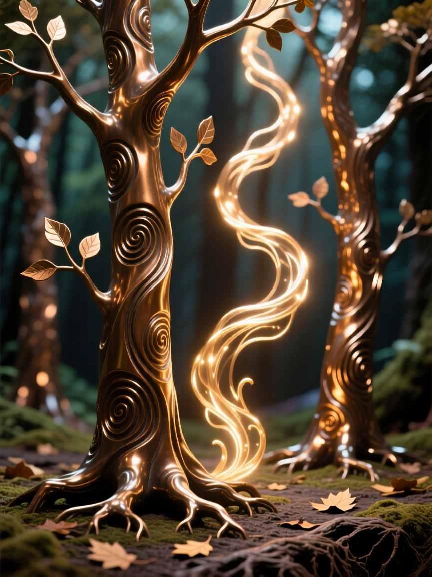 A magical forest where trees glow with soft light, with swirling energy and radiant color, transporting the viewer to another world