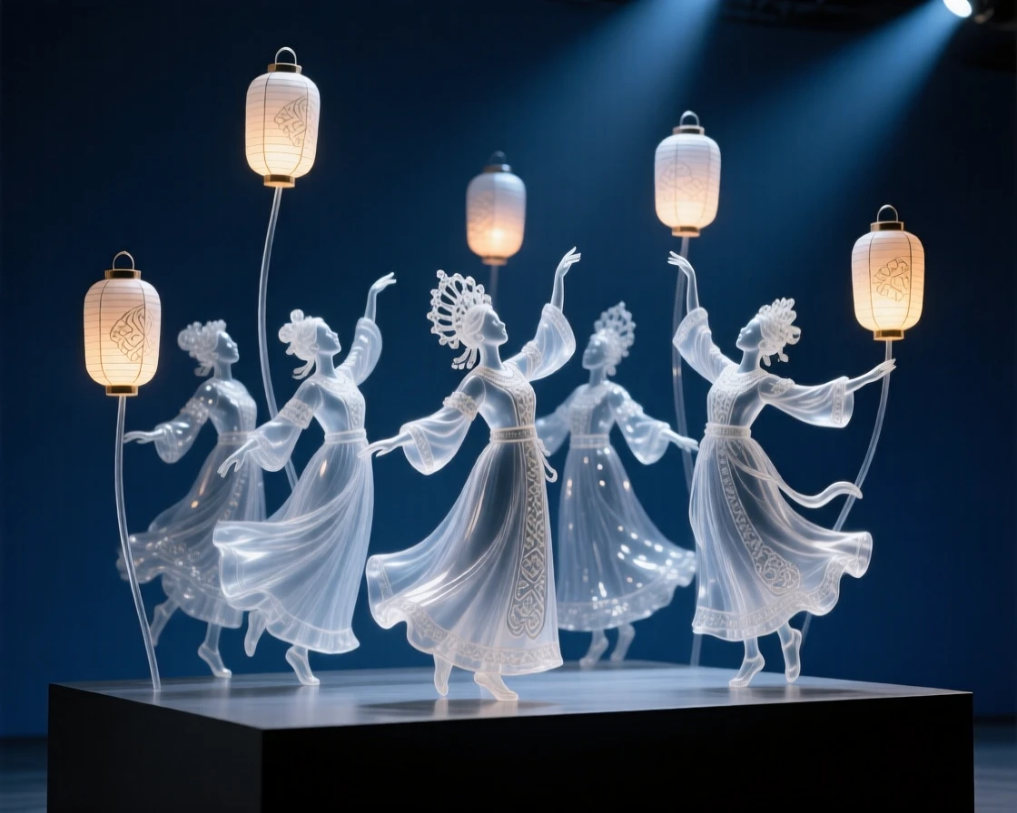 Dancers celebrating a harvest festival in traditional dress while lanterns rise slowly into the night sky