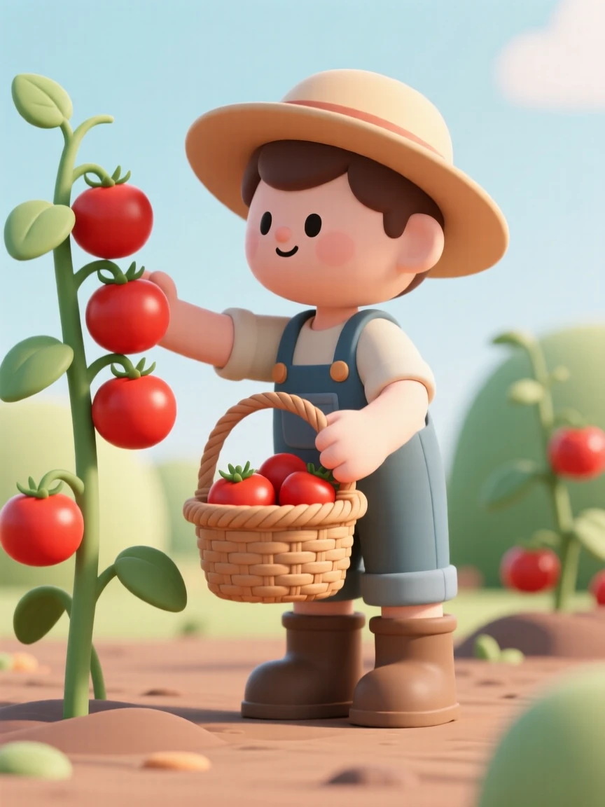 A determined home gardener harvests plump red tomatoes into a wicker basket on a warm summer morning.