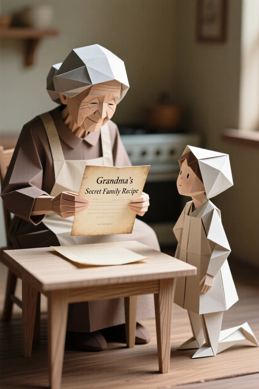 A grandmother teaching her grandchild a family recipe passed down for generations.