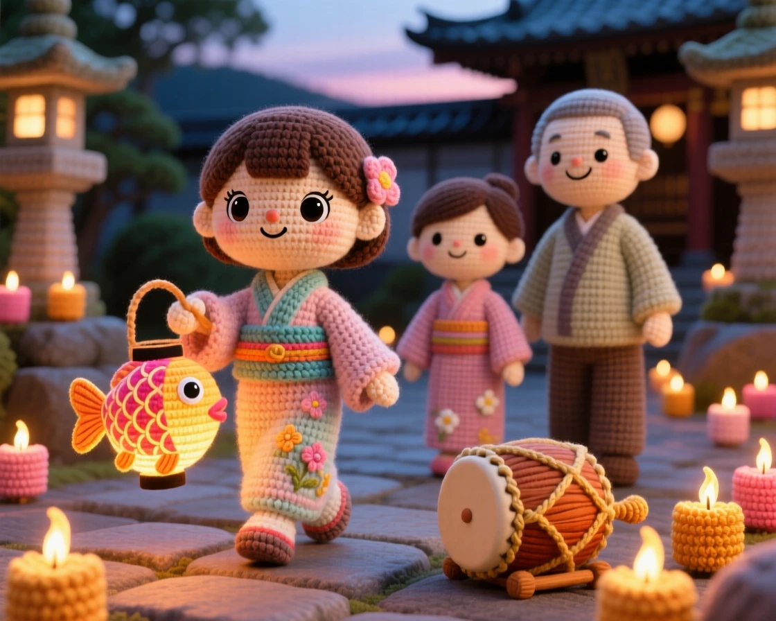 a little girl holding a small paper fish lantern, for a children's festival, walking beside her family at dusk, at a quiet temple courtyard glowing with candlelight, with a small drum resting nearby, radiating bright, celebratory warmth.