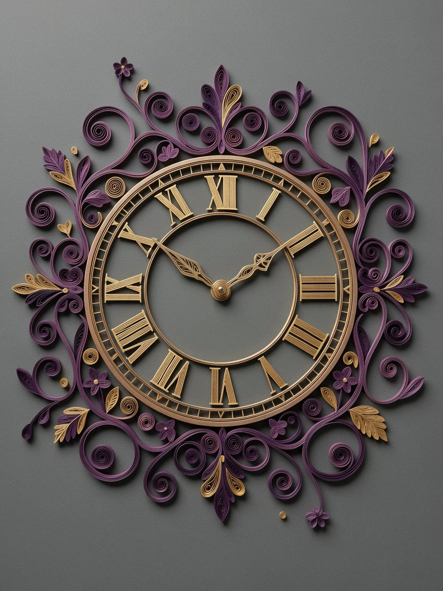 an ornamental clock face surrounded by curling vines, centered on a soft charcoal grey surface, structured with clean geometric precision, in rich plum and antique gold hues.