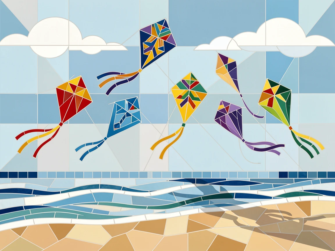A colorful array of kites flying above a breezy coastal beach.