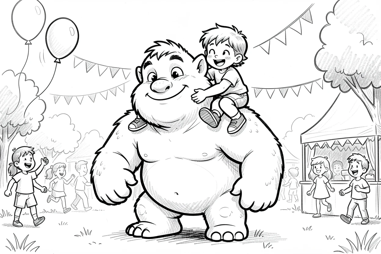 A gentle giant monster giving a child a piggyback ride in a park during a community festival.