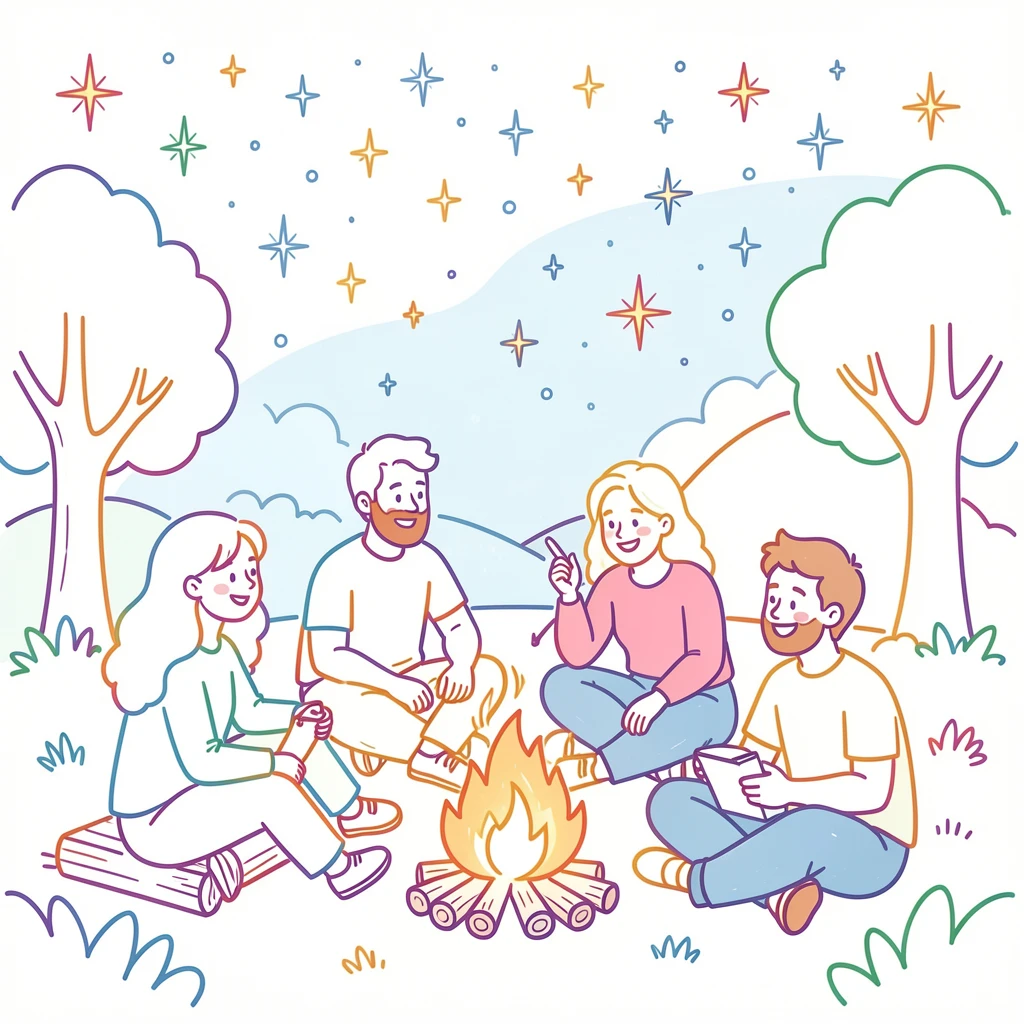 A group of friends camping under a sky full of stars near a crackling fire.