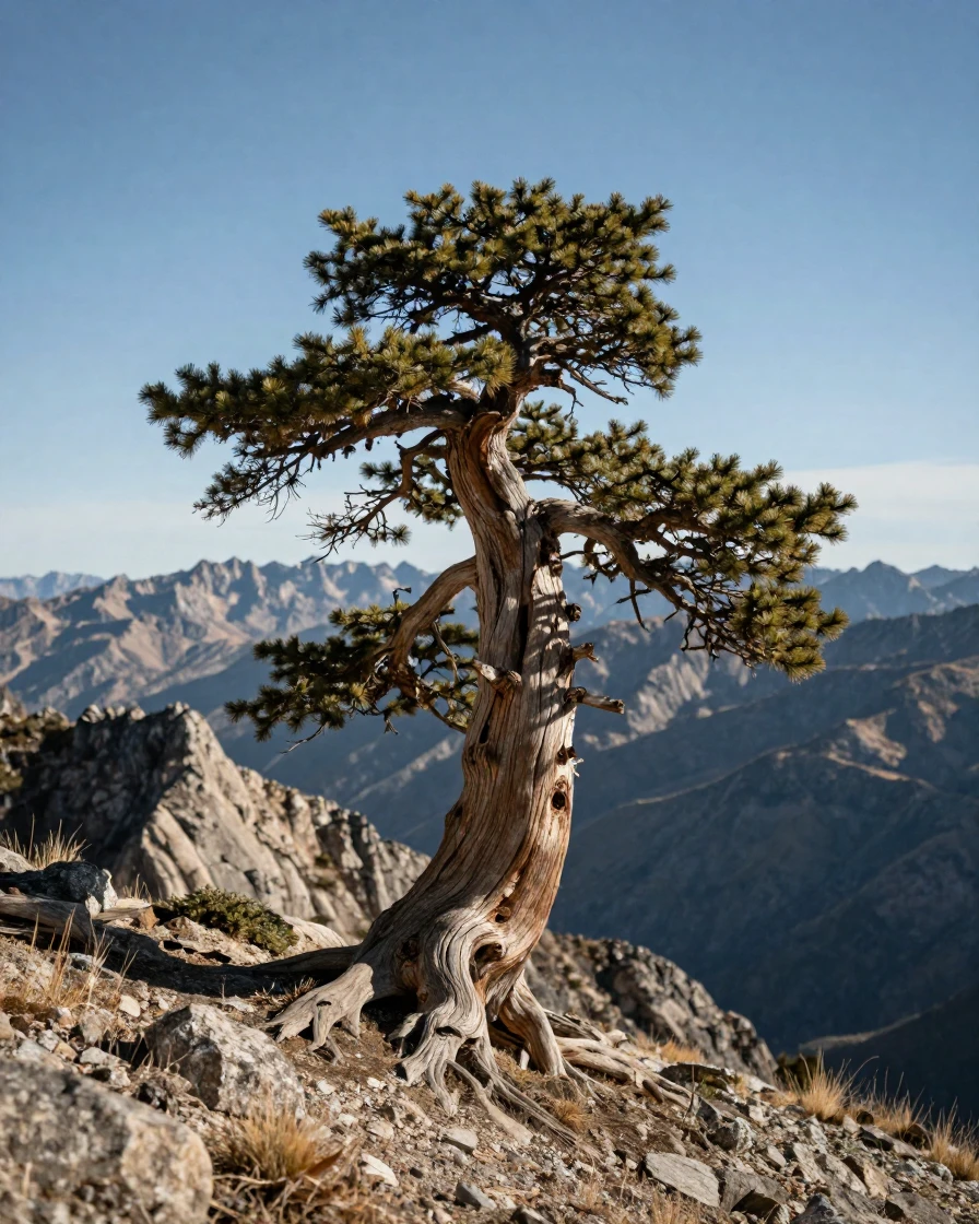 A bristlecone pine standing gnarled and ancient on a mountain ridge