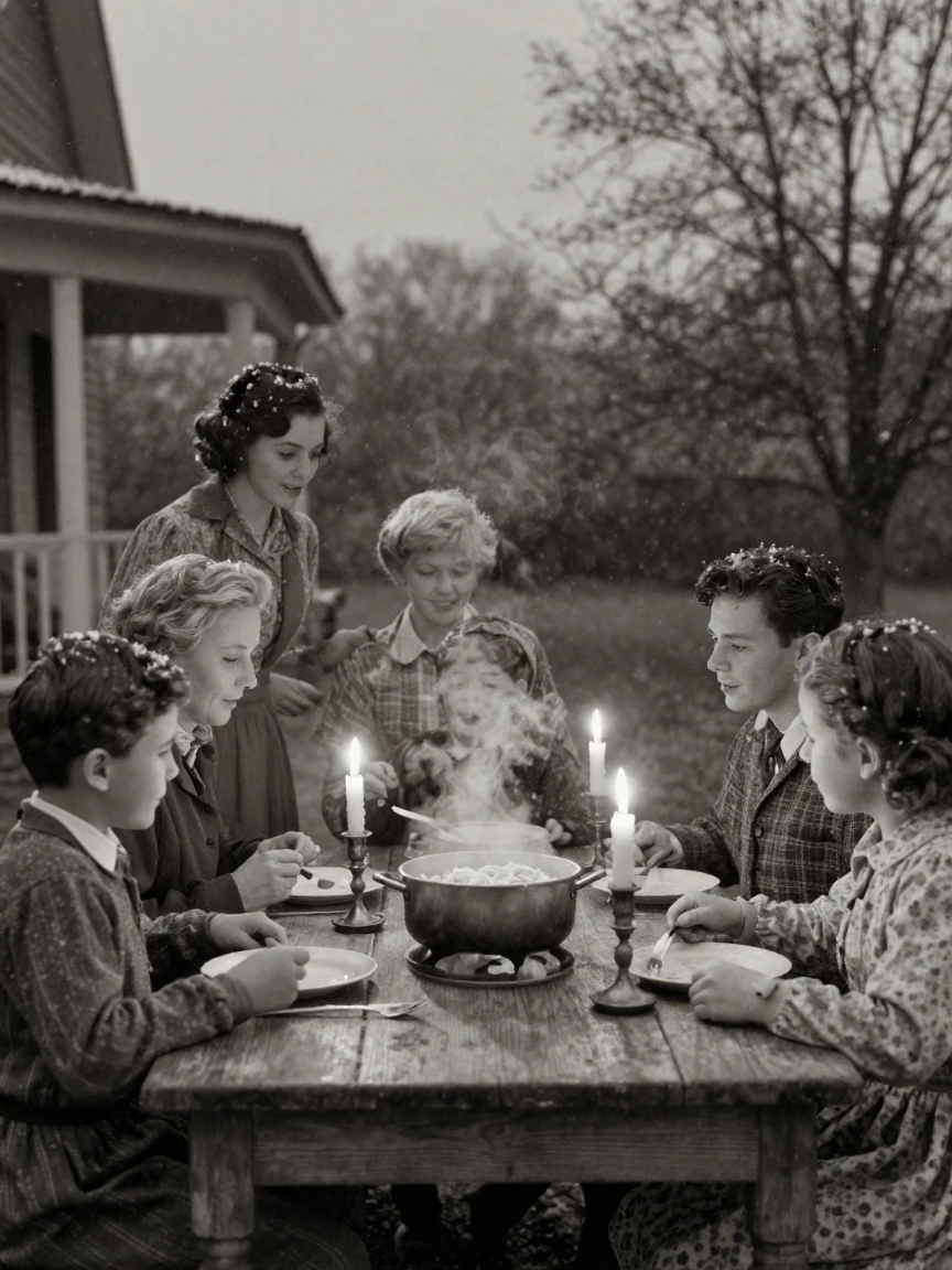 A family sharing a large pot of pasta at a crowded table, under flickering candlelight, amid gently falling snow, in early spring, with stark black-and-white contrast softened by a single warm hue, captured from a low angle looking up.