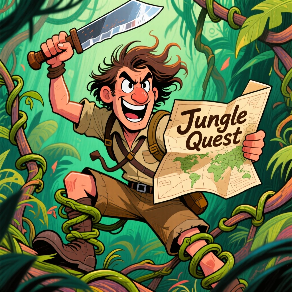 A daring explorer hacking through dense jungle vines with a machete, map in hand.