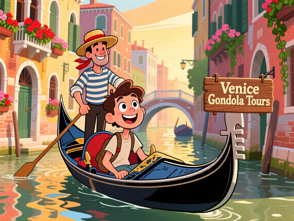 An iconic travel scene featuring a curious traveler riding a gondola through the canals of Venice, as the golden afternoon light glows around them.