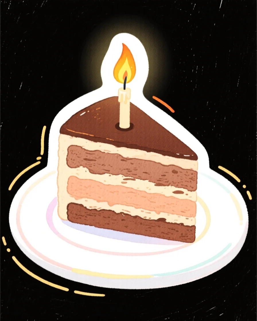 A cozy, appetizing, elegant and intimate scene of a slice of layered chocolate cake with a single lit candle