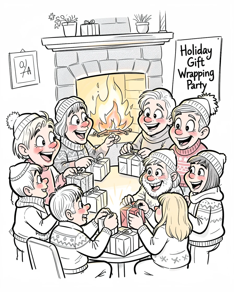 [Seasonal Holidays & Celebrations] Festive scene of a cheerful church congregation wrapping presents by the fireplace, full of celebration and joy