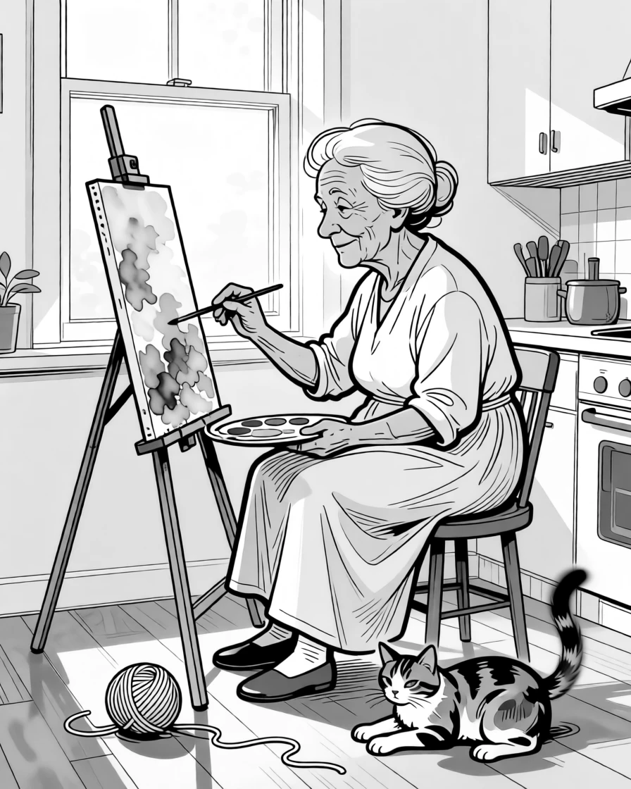 An elderly woman painting watercolors by a window, recalling old addresses with surprising accuracy, set in a warm kitchen filled with familiar smells. A ball of yarn rolls gently as the cat shifts. The scene radiates hard-won wisdom shared with love.