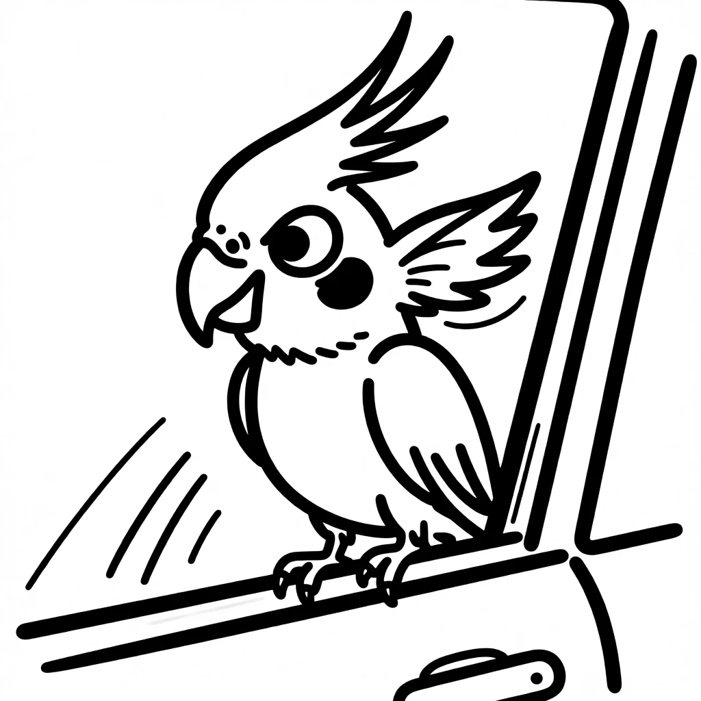 A cockatiel sitting attentively in a car window, ears flapping in the breeze.