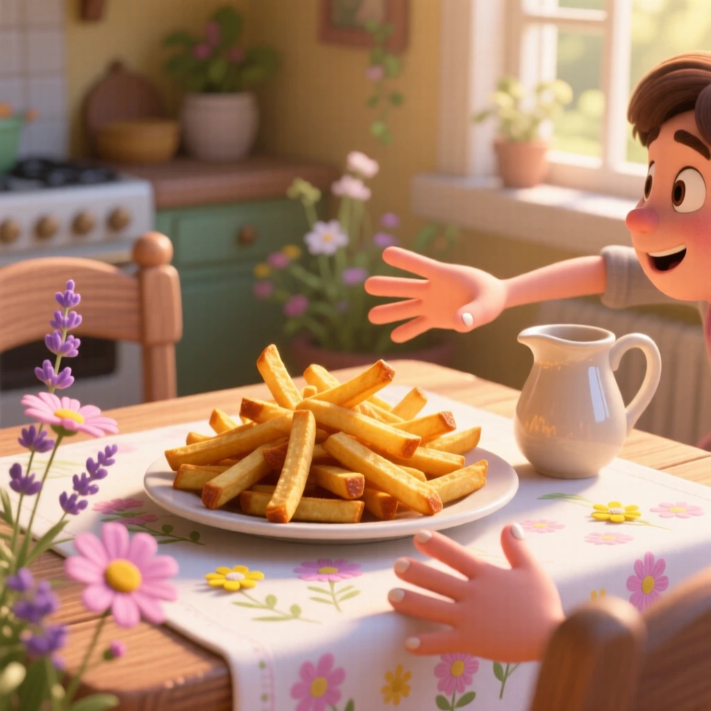 A plate of crispy golden fries sits on a tablecloth decorated with fresh flowers, with sunlight catching the glossy glaze. The scene feels inviting, warm, and delicious.