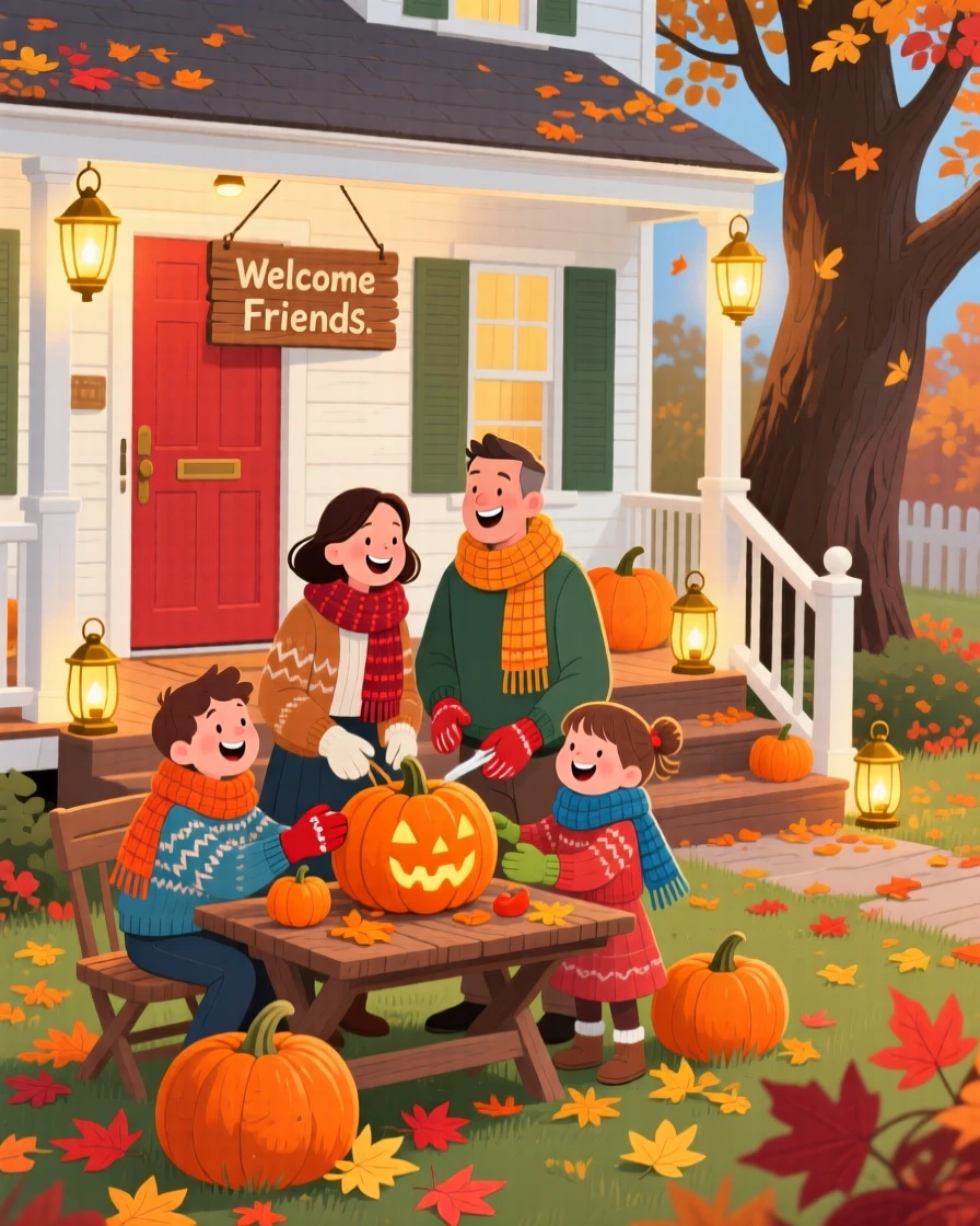 In a family farmhouse, carolers bundled in scarves celebrate together by carving pumpkins on a porch surrounded by autumn leaves, as golden lanterns glow warmly.