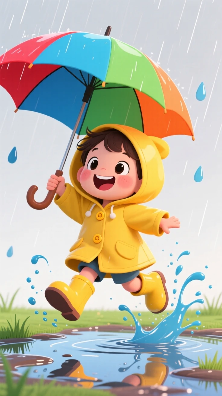 A child holding a colorful umbrella while jumping in puddles.