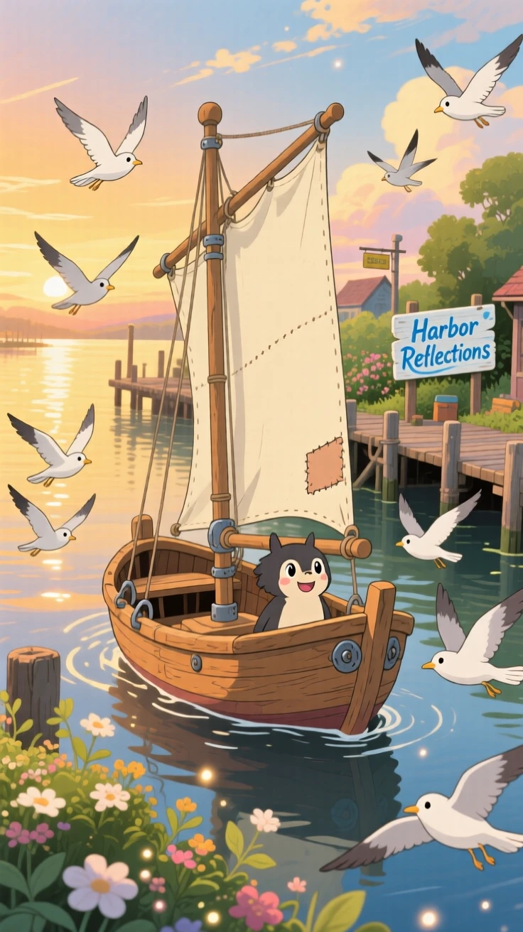 A charming scene of a small wooden sailboat gliding across a calm harbor, as birds fly alongside it.