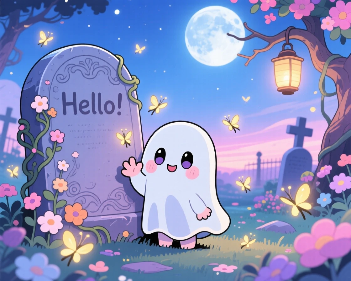 A shy ghost child waving hello from behind a tombstone in a whimsical moonlit graveyard garden as fireflies begin to glow at dusk; soft pastel light of dawn washes over the scene as curious excitement fills the moment. Dynamic diagonal composition.
