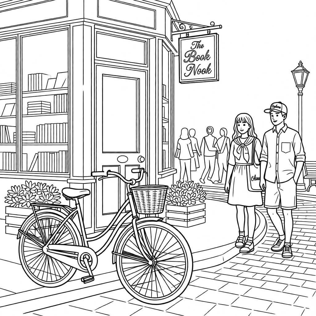 A vintage bicycle parked outside a corner bookstore, with locals and travelers strolling nearby.