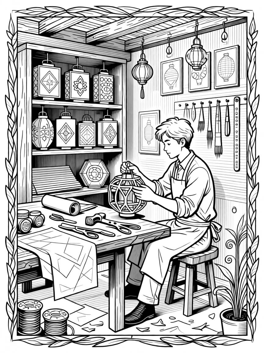 A traditional lantern-making scene in a workshop.