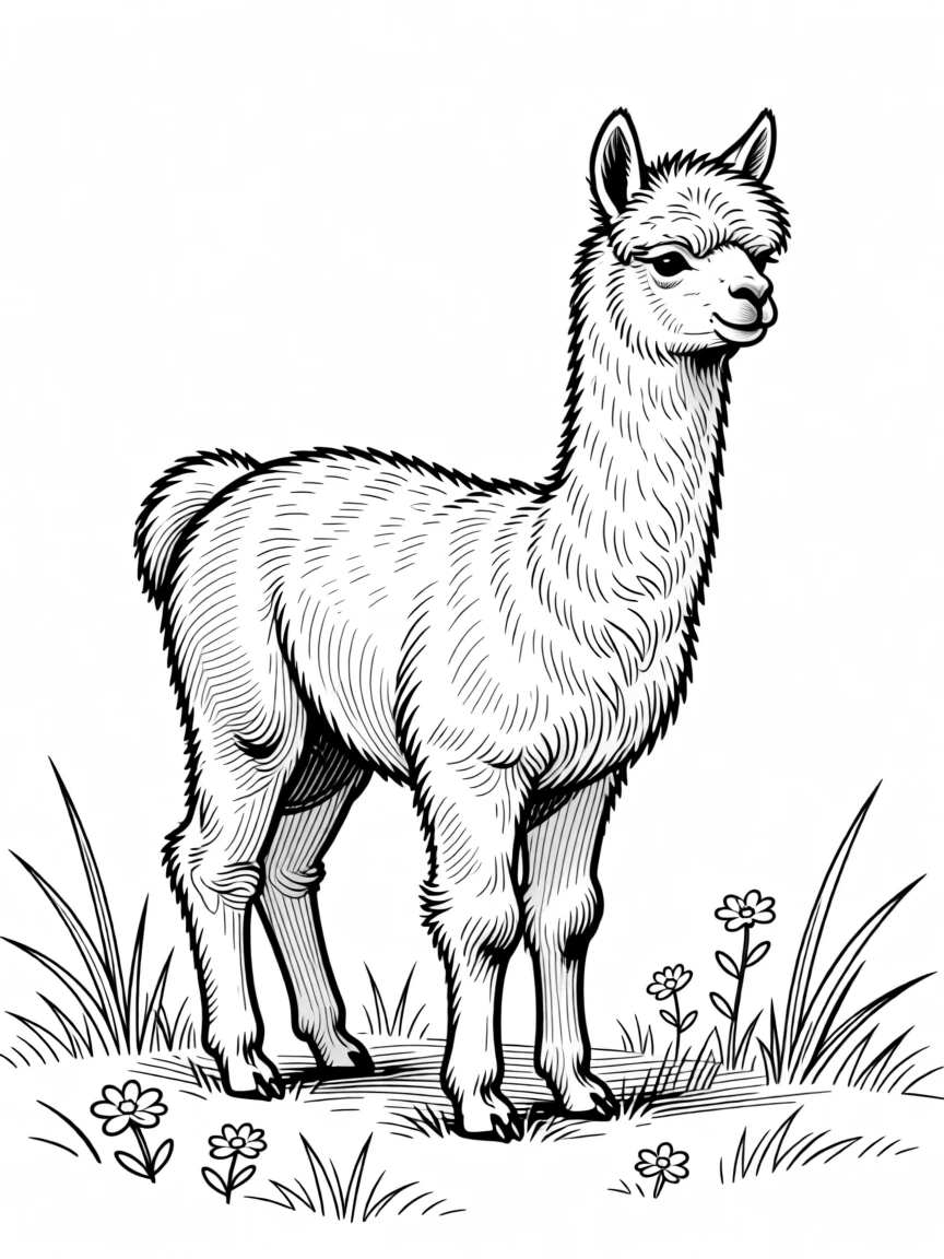 A baby llama with a fluffy coat standing in a meadow