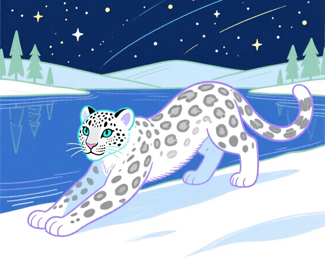 A snow leopard cub stretching in the morning light beside a still lake under a clear starry sky.