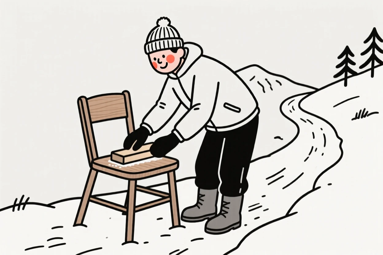 A carpenter sanding a wooden chair, beaming with pride, on a snowy mountain trail.