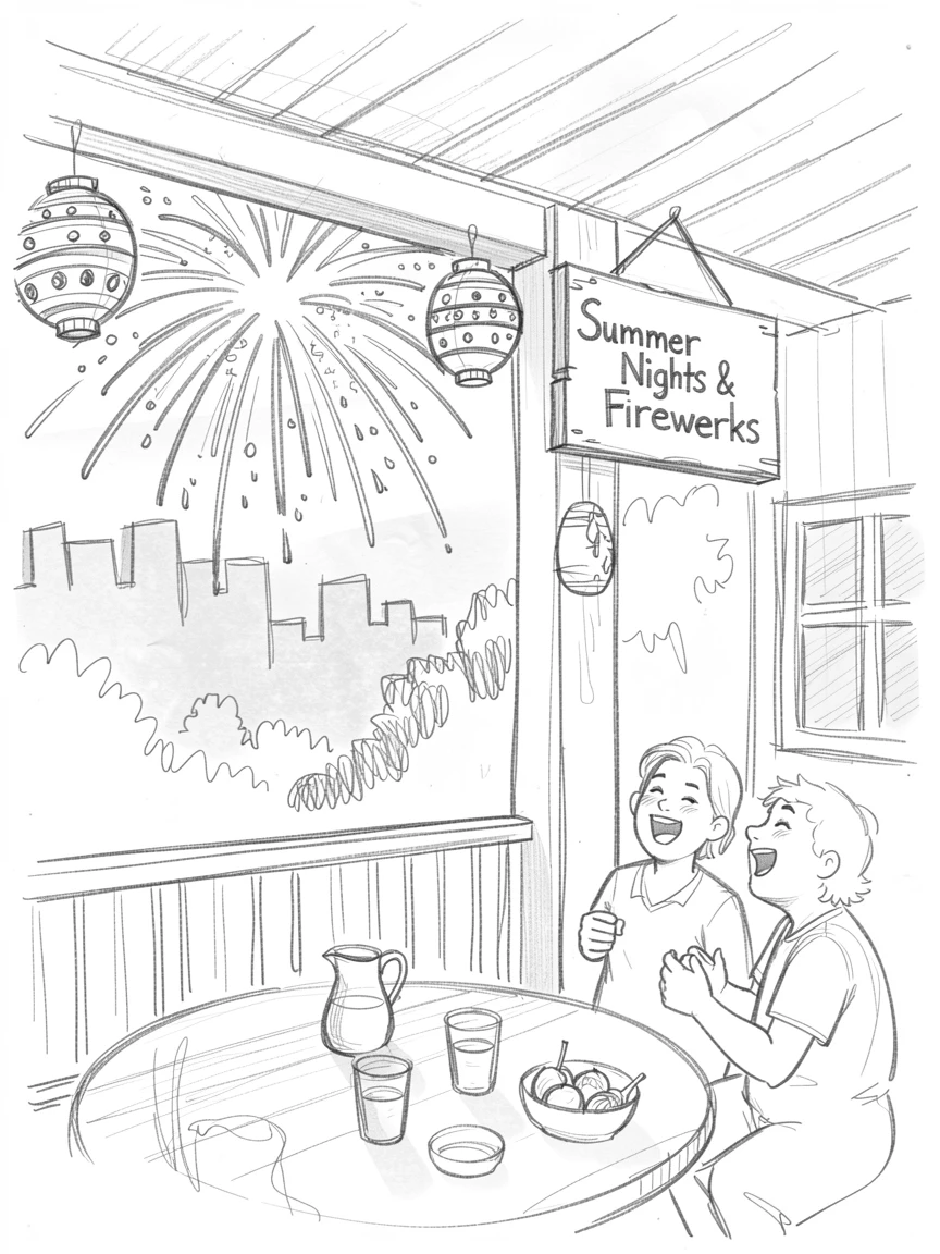 Fireworks bursting over a summer night skyline, on a decorated porch, with laughter and joy filling the scene.