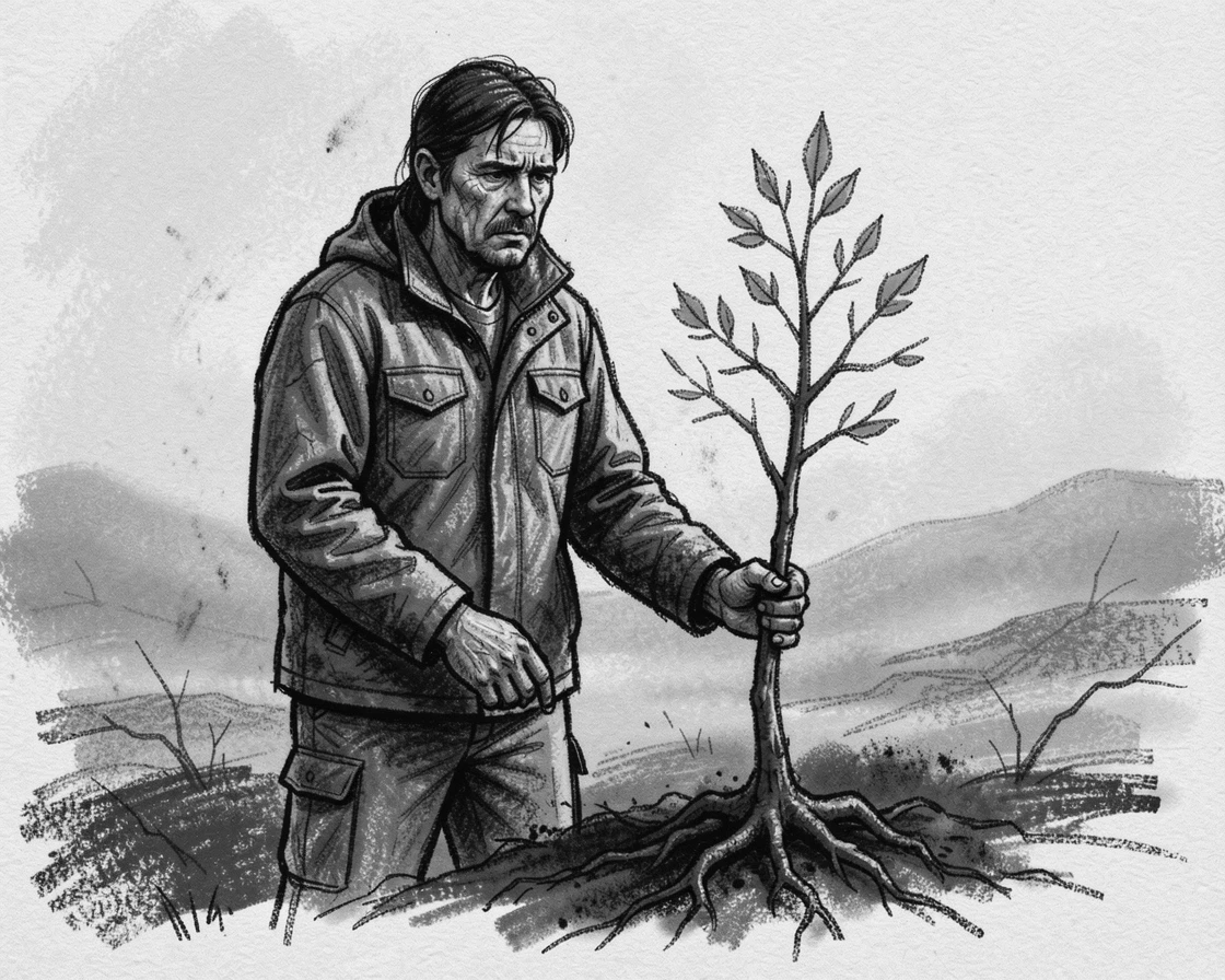A survivor planting a tree at the site of a tragedy, looking forward, with a gentle mist rolling through the background.